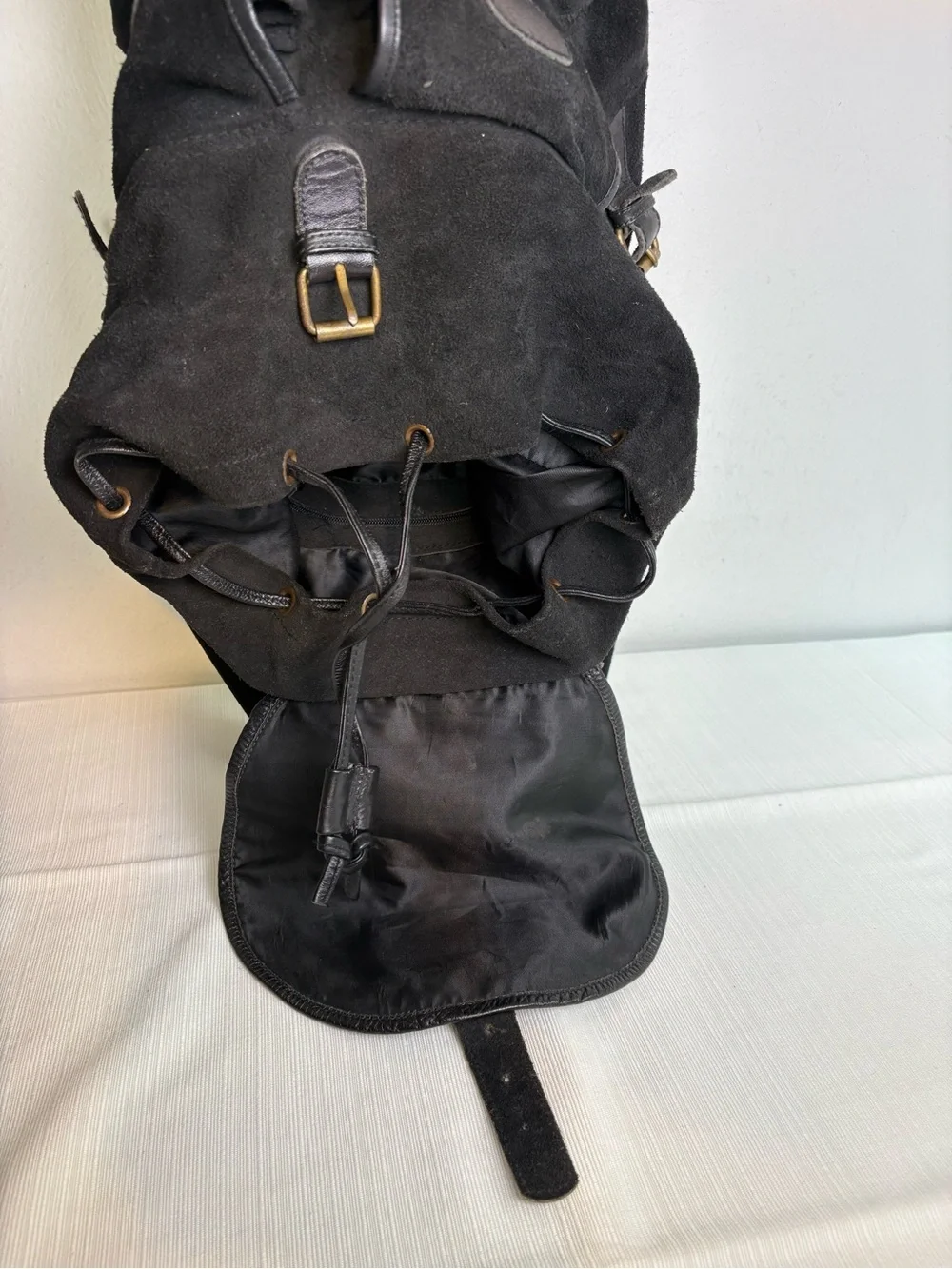 Vintage Handmade in Pakistan Genuine Suede Leather Buckle Drawstring Backpack
